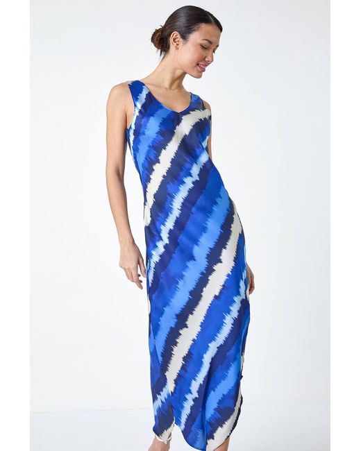 Roman Blue Stripe Print Satin Bodycon Midi Slip Dress