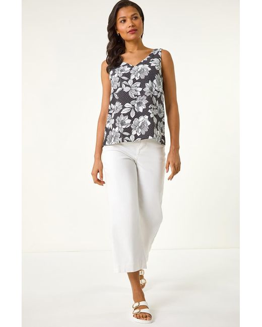 Roman White Mono Floral Print V-Neck Cami Top