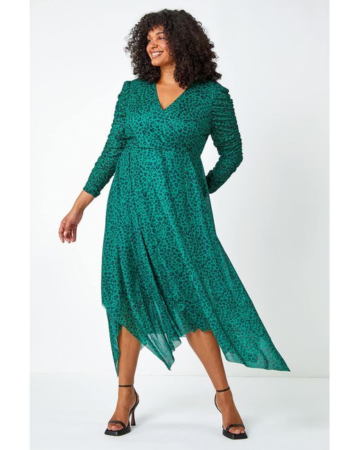 Roman Curve Green Leopard Print Hanky Hem Wrap Midi Dress