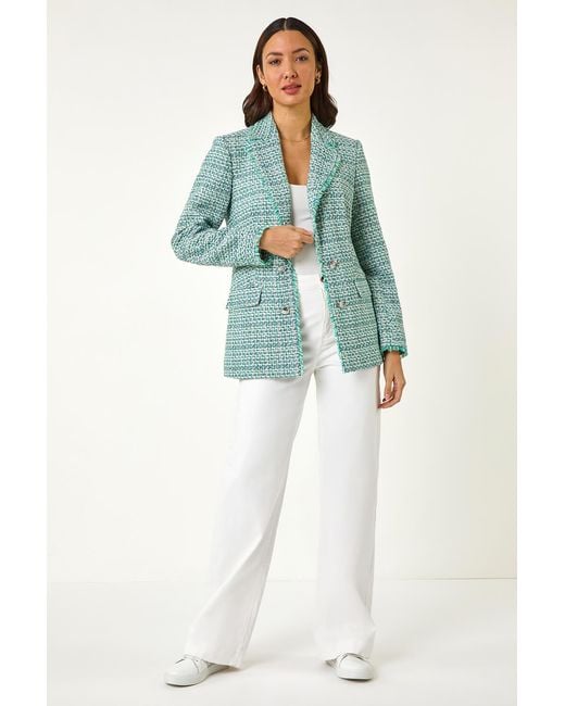 Roman Green Check Frayed Edge Boucle Button Jacket