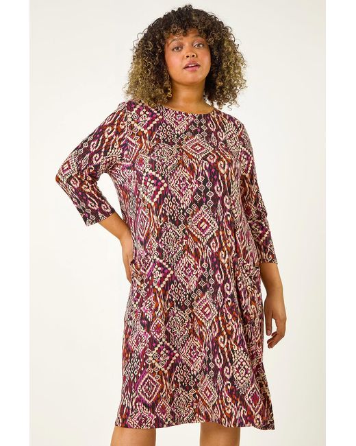 Roman Curve Red Aztec Print Pocket Swing Dress