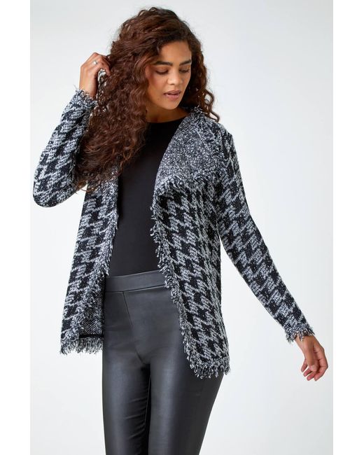 Roman Gray Houndstooth Fringed Cardigan
