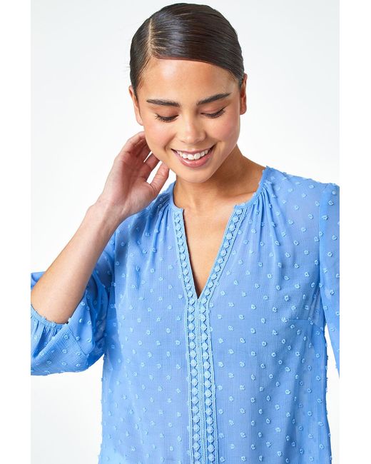 Roman Petite Blue Textured Spot Print V-Neck Top