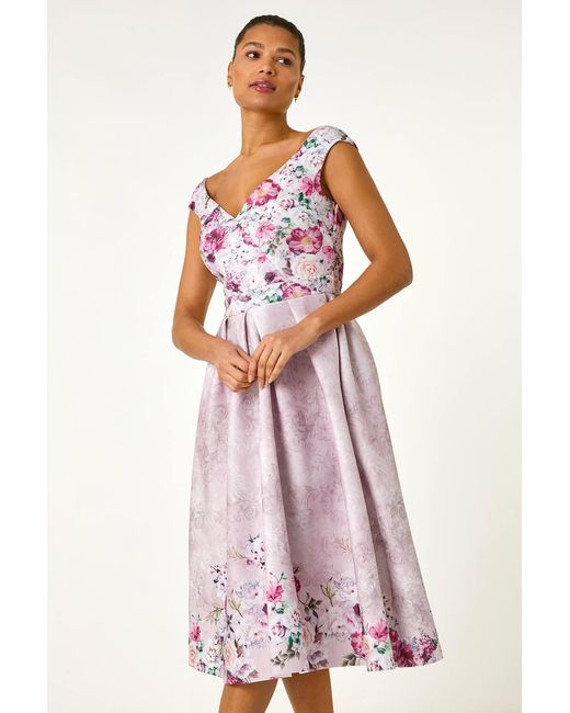 Roman Pink Sweetheart Floral Premium Stretch Midi Dress