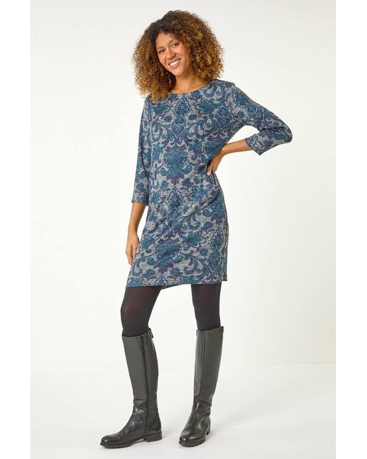 Roman Blue Baroque Pocket Detail Shift Dress