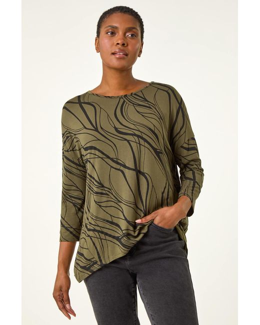 Roman Green Abstract Line Print Stretch Jersey Top