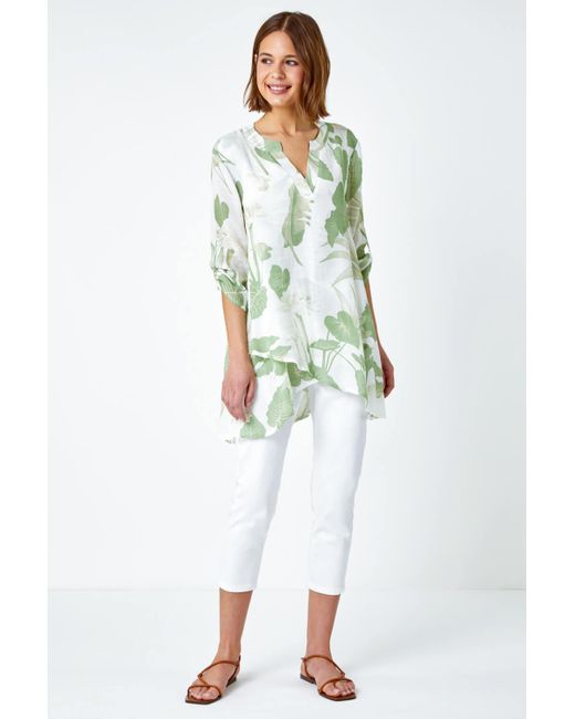 Roman Green Palm Print Wrap Hem Tunic Top