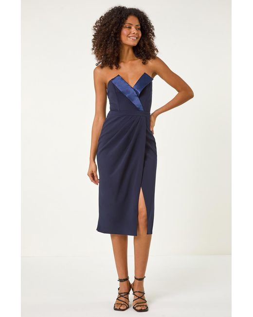 D.u.s.k Blue Bandeau Collar Stretch Midi Dress