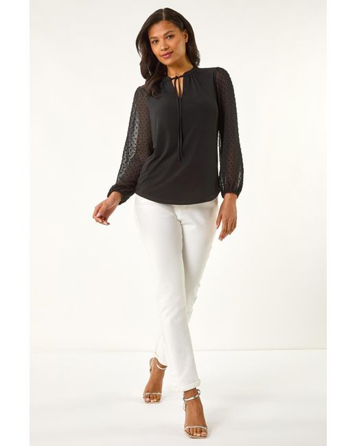 Roman Black Dobby Spot Tie Neck Mesh Top