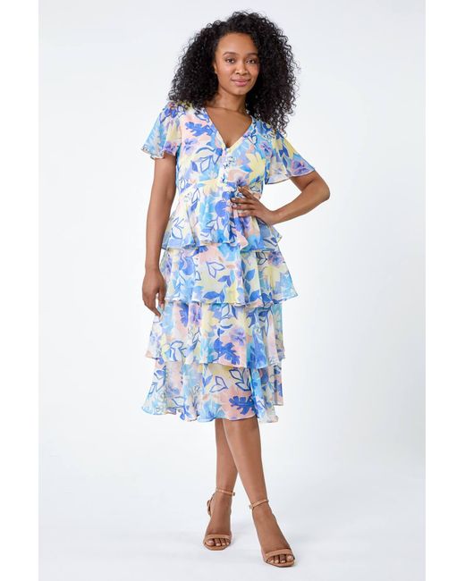 Roman Petite Blue Floral Print Chiffon Tiered Midi Dress