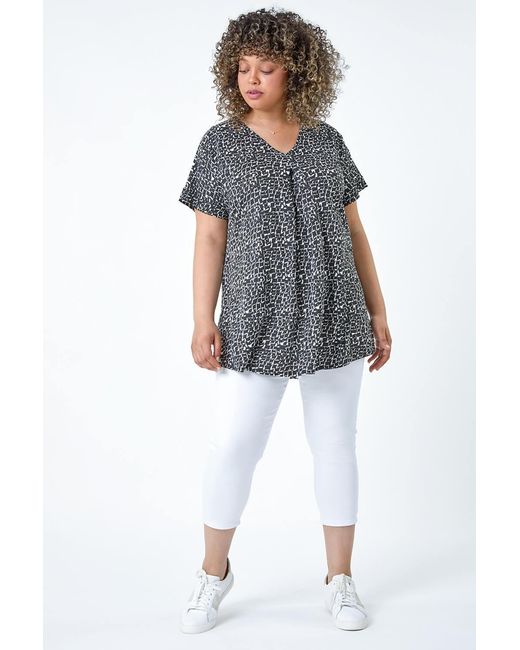 Roman Curve Gray Pleat Front Printed V-Neck Stretch Top