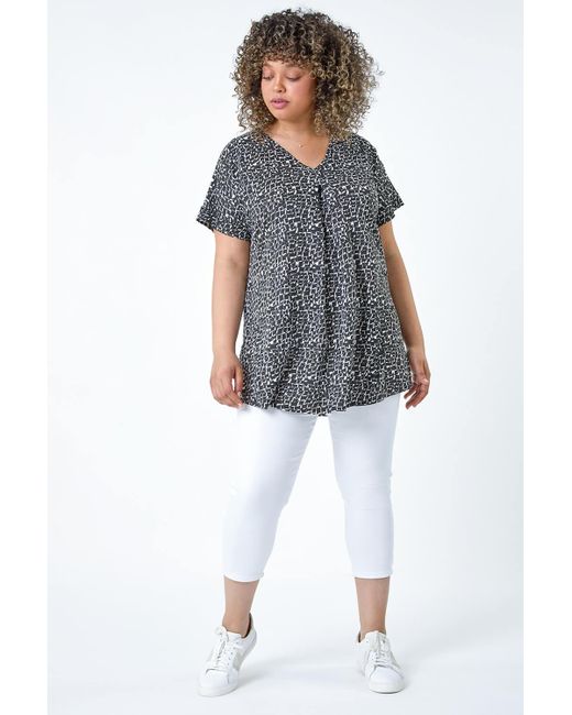 Roman Gray Curve Pleat Front Printed Stretch Top
