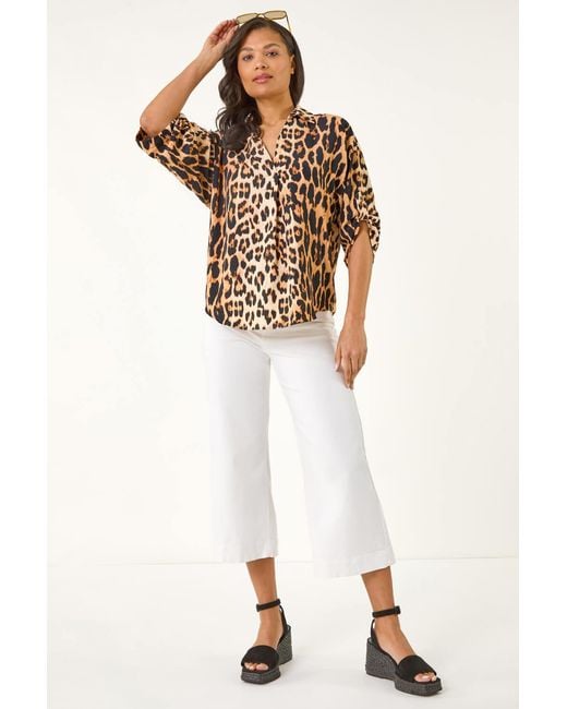 Roman Natural Animal Print Collar V-Neck Top