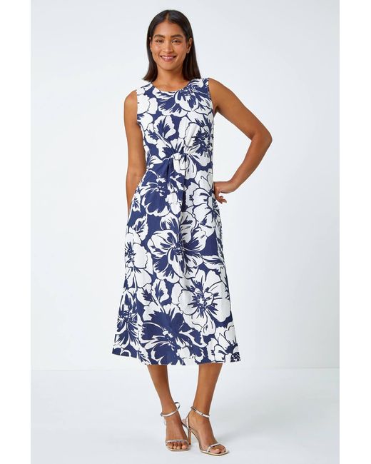 Roman Blue Sleeveless Cotton Blend Floral Midi Dress