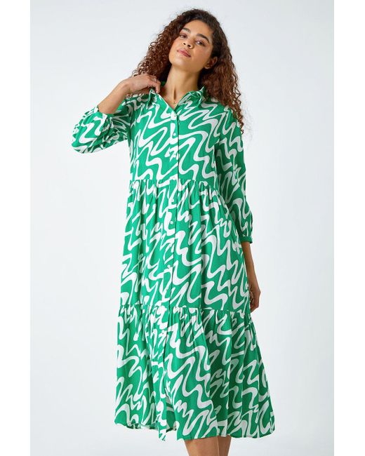Roman Green Wave Print Tiered Shirt Dress