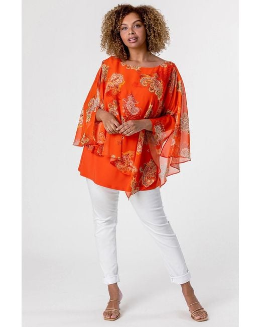 Roman Curve Orange Paisley Print Chiffon Top