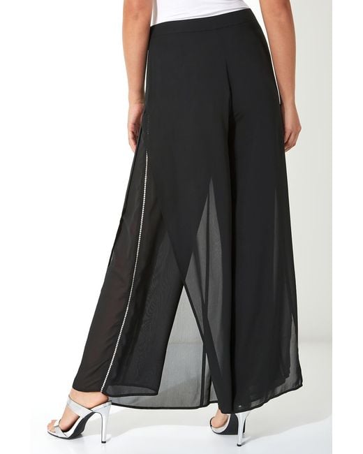 Roman Black Diamante Side Split Chiffon Trousers
