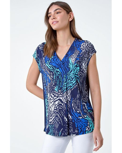 Roman Blue Abstract Wave Print Stretch Top