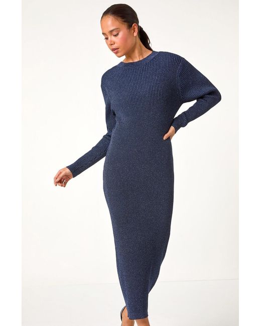 Roman Petite Blue Shimmer Ribbed Knit Dress