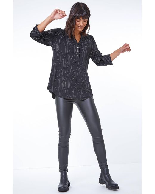 Roman Blue Embellished Notch Neck Stretch Tunic Top