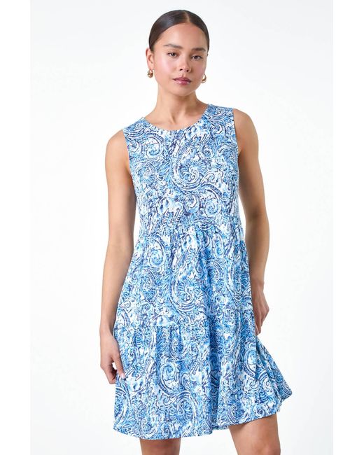 Roman Petite Blue Paisley Print Tiered Dress