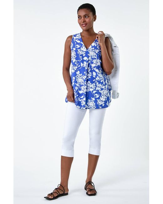 Roman Blue Ditsy Floral Sleeveless Pleat Vest Top