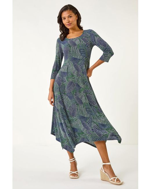 Roman Blue Leaf Puff Print Hanky Hem Midi Dress