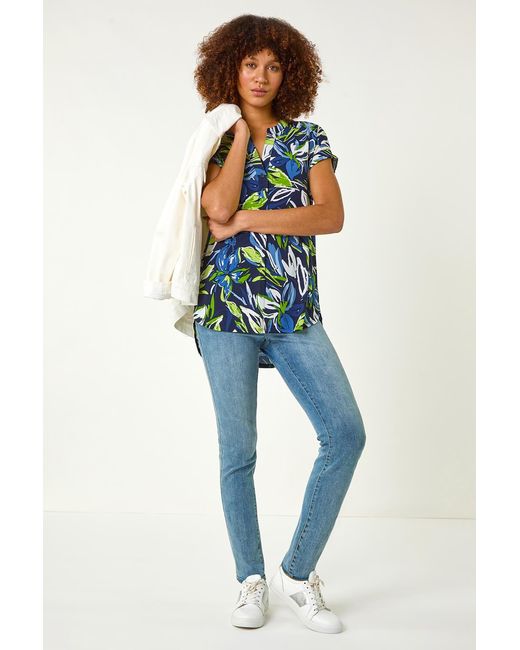 Roman Blue Textured Leaf Print V-Neck Stretch Top