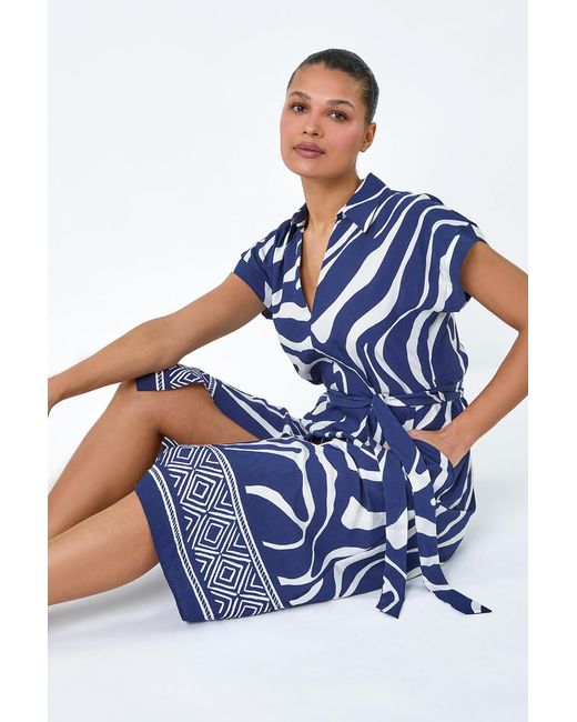 Roman Blue Animal Border Print Pocket Midi Dress