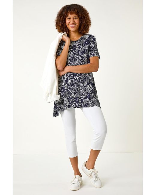 Roman Blue Patchwork Mono Print Tunic Top