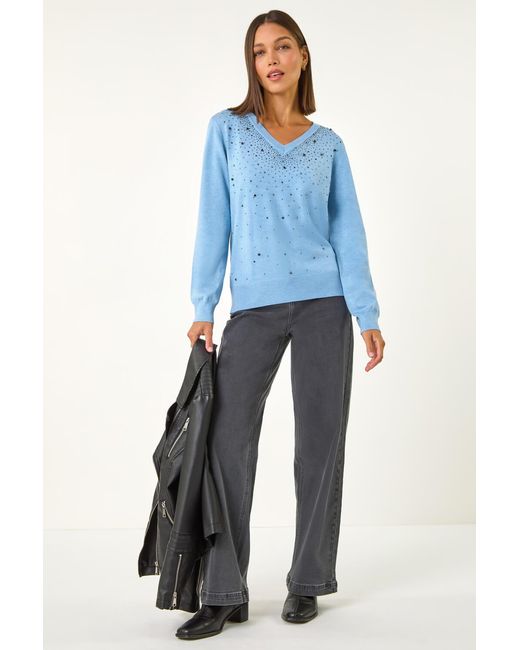 Roman Blue V-Neck Sparkle Hotfix Knit Jumper