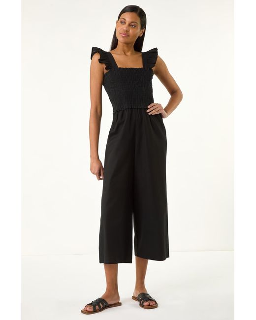 Roman Black Cotton Linen Blend Frill Jumpsuit