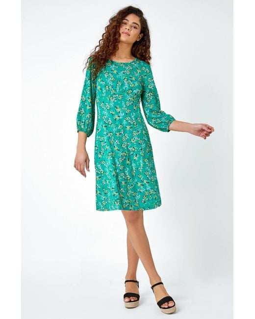 Roman Green Ditsy Floral Print Stretch Jersey Dress