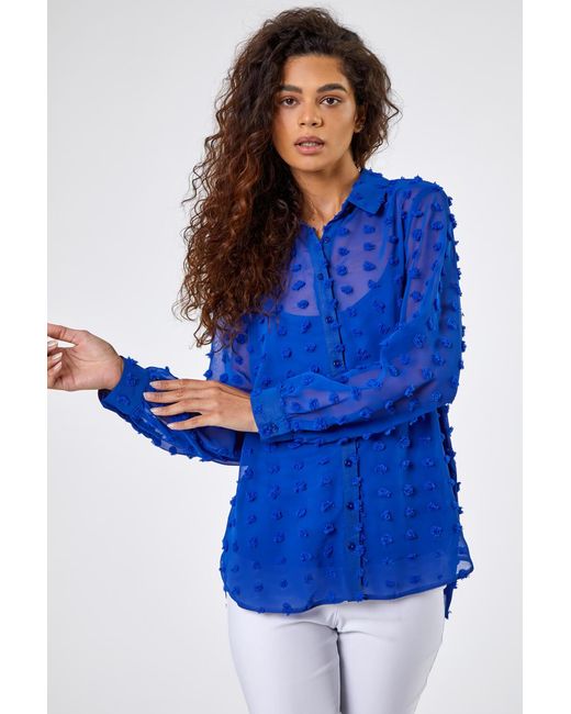 Roman Blue Textured Spot Button Up Blouse