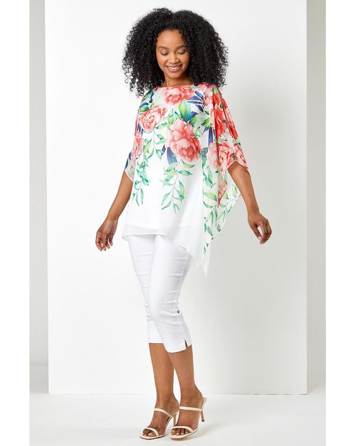Roman Petite Multicolor Floral Print Cold Shoulder Chiffon Top