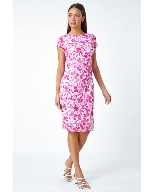 Roman Pink Floral Lace Gathered Stretch Dress