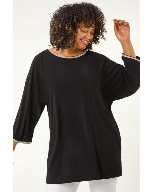 Roman Curve Black Diamante Trim Stretch Top