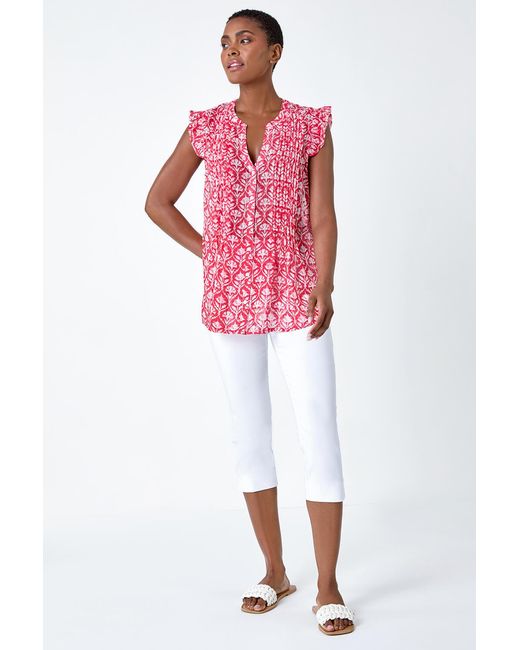 Roman Red Floral Print V-Neck Frill Sleeve Blouse