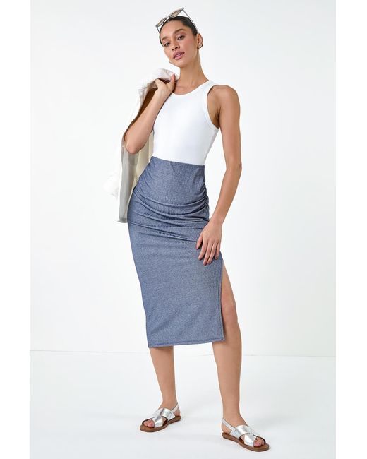 D.u.s.k Blue Metallic Shimmer Ruched Midi Skirt