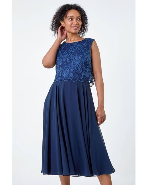 Roman Blue Originals Petite Lace Overlay Midi Dress