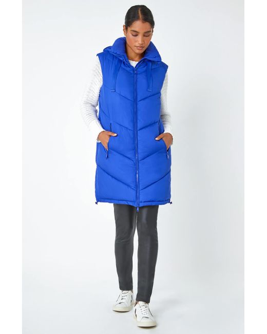 Roman Blue Longline Quilted Hooded Gilet