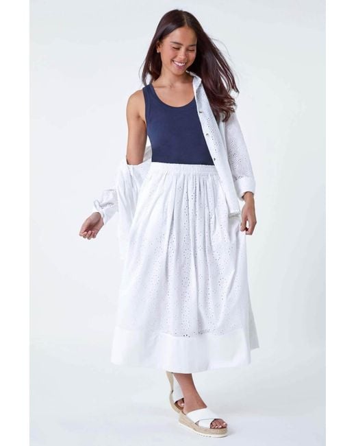 Roman White Petite Cotton Broderie Midi Skirt