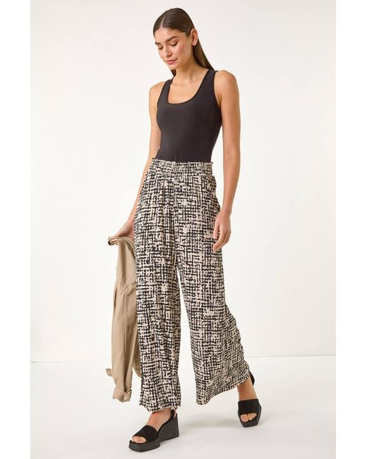Roman White Textured Print Elastic Waist Stretch Trouser