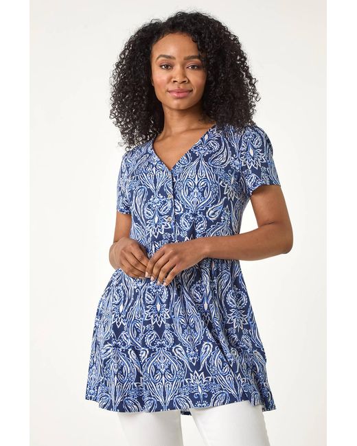 Roman Petite Blue Paisley Mono V-Neck Tunic