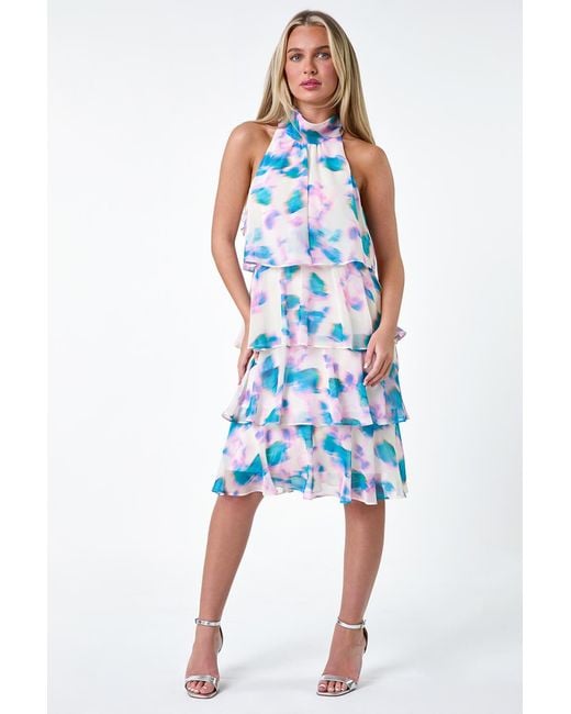 Roman Petite Blue Abstract Tie Neck Tiered Dress