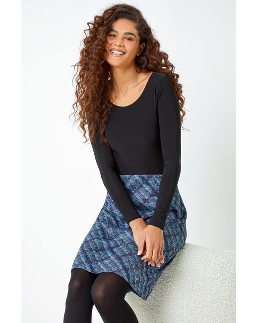 Roman Black Check Print Elastic Waist Pencil Skirt