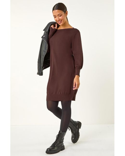 Roman Brown Button Detail Stretch Knit Dress