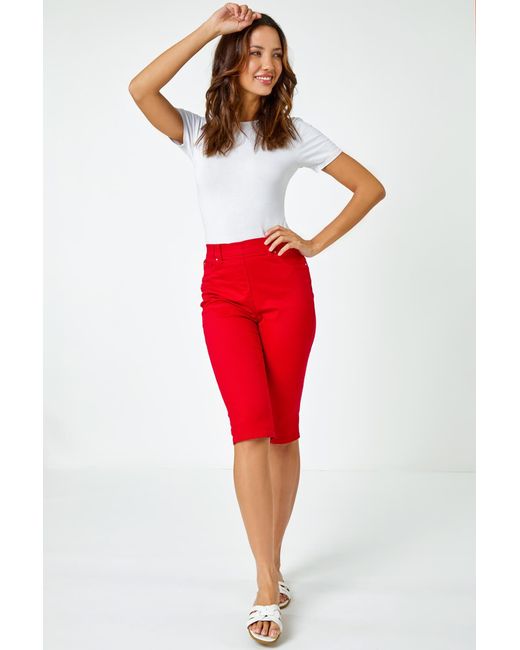 Roman Red Denim Stretch Knee Length Pedal Pusher