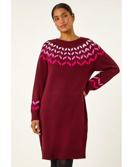 Roman Red Chevron Pattern Knit Knee Dress