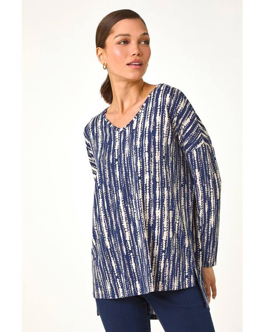 Roman Blue Abstract Print V-Neck Tunic Stretch Top